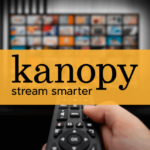 kanopy logo against a yellow background with the image of a tv and remote